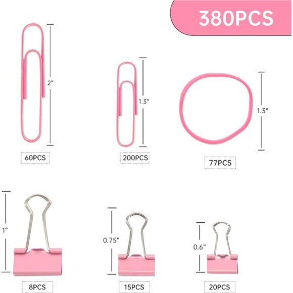 Pink binder clips paper clips rubber bands set 380 pcs office school supplies - Picture 2 of 8